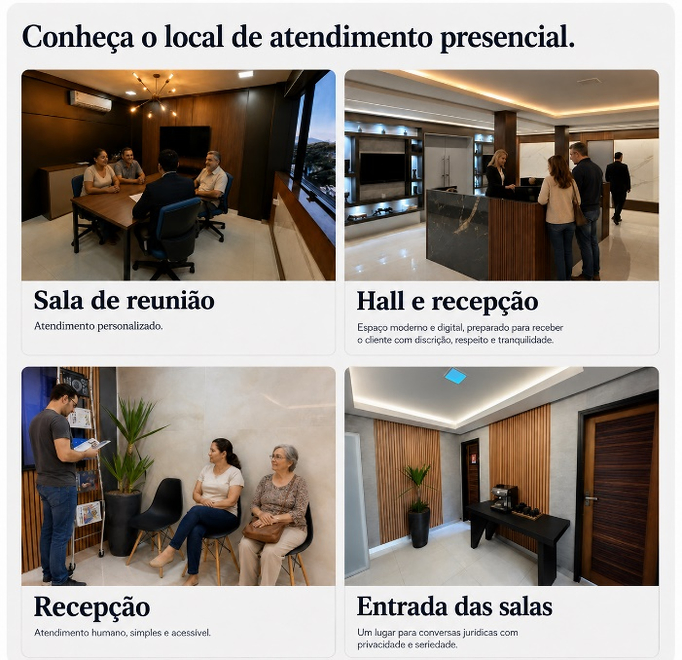 Local de atendimento presencial: sala de reunião, hall, recepção e entrada das salas